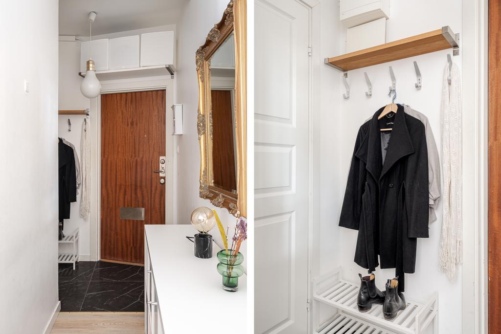 Hall med klinker och plats för avhängning