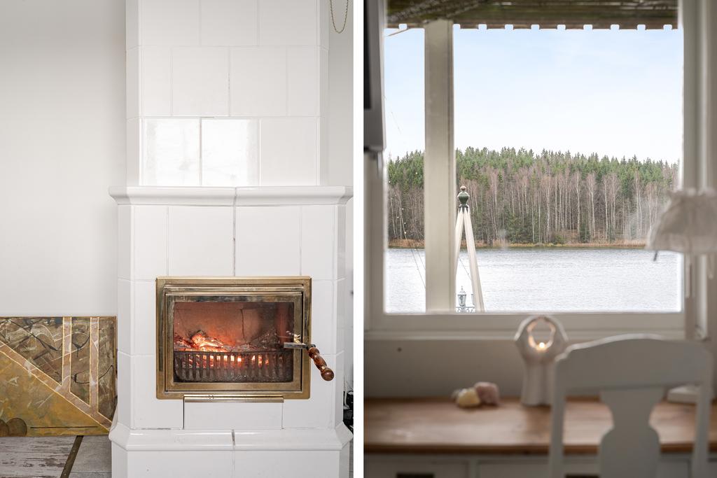 Kakelugn och utsikten från allrummet