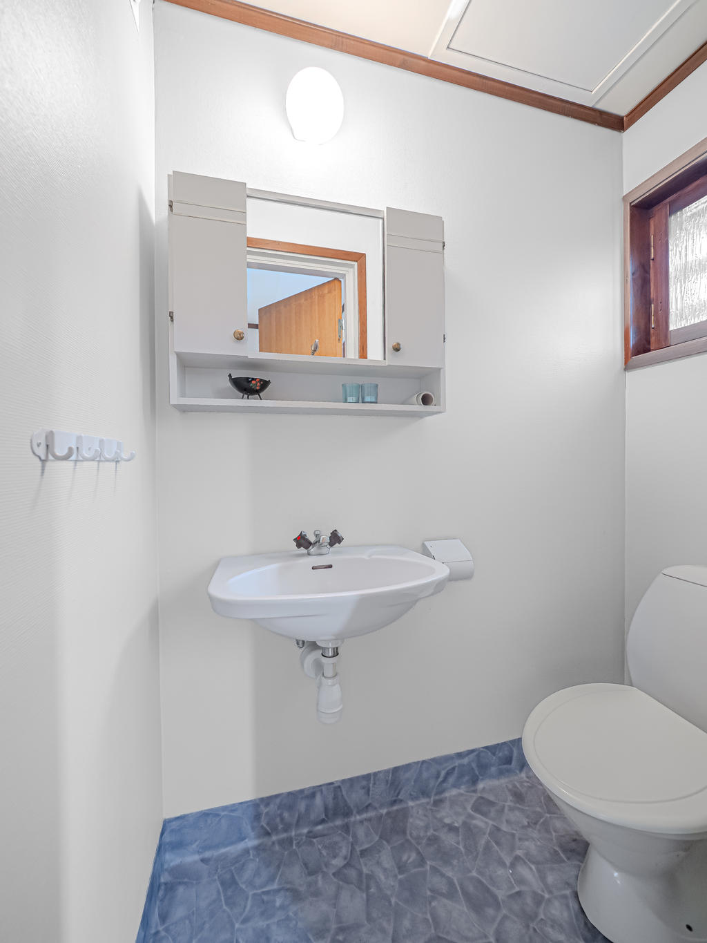 Toalett med wc och handfat, plastmatta, målade väggar