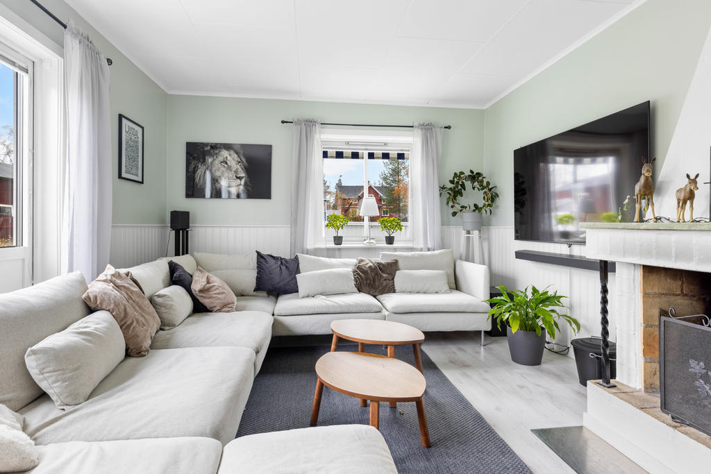 Vardagsrum med öppen spis