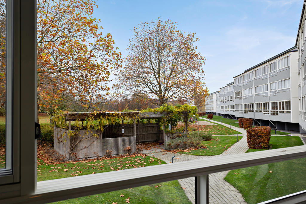 Med naturen alldeles utanför balkongen är det lätt att följa årstidernas växlingar. Här syns utsikten i vacker höstskrud.