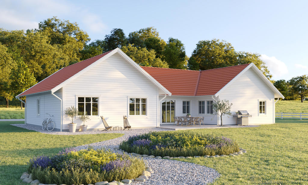 Bilden visar ett förslag på byggnad. Fastighetsmäklaren förmedling omfattar endast den obebyggda fastigheten.