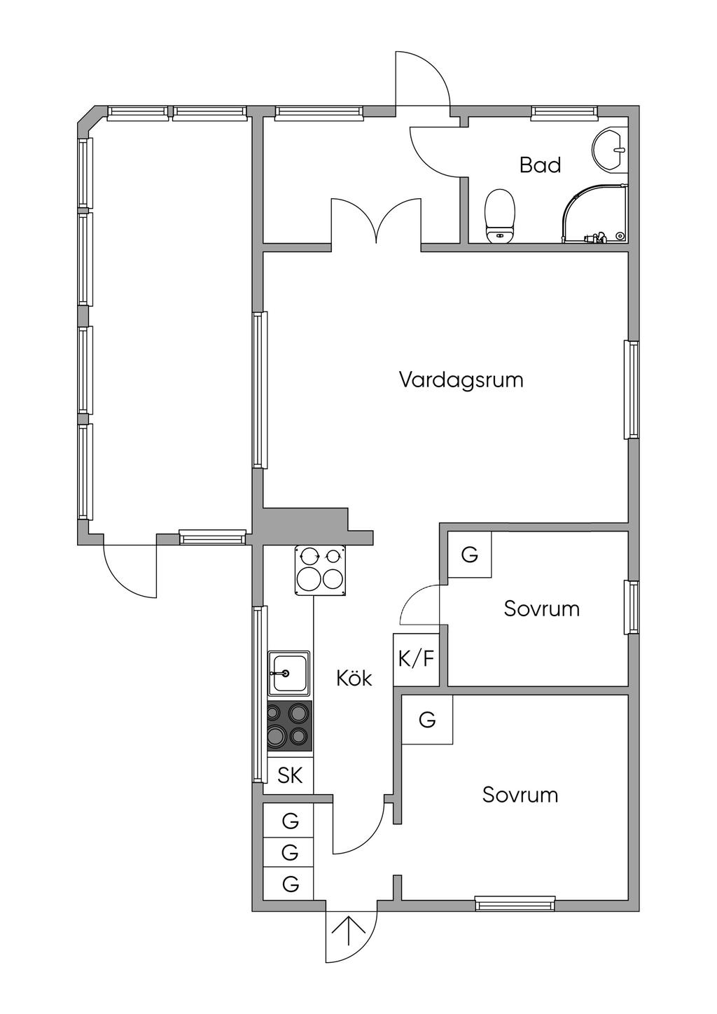 Planlösning. EJ skalenlig. Avvikelser kan förekomma. 