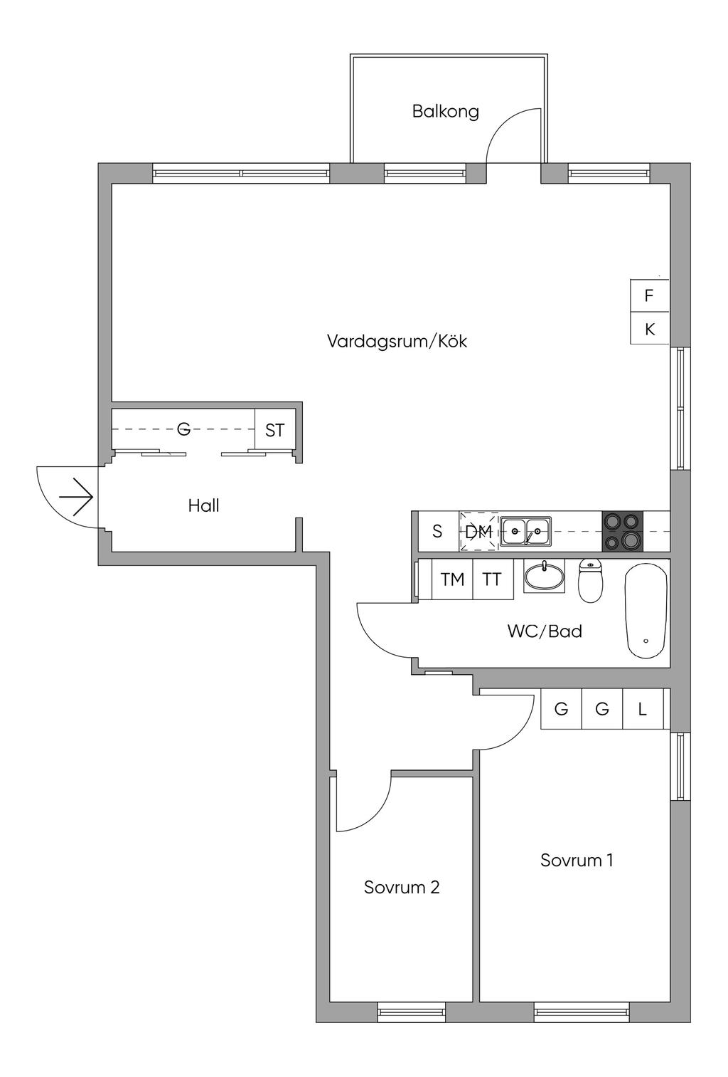 Planritning 3 rum och kök