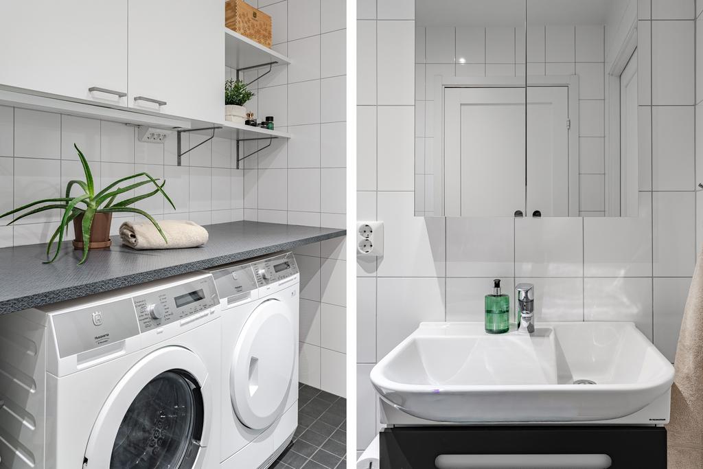 Tvättavdelning med bänkyta och förvaring