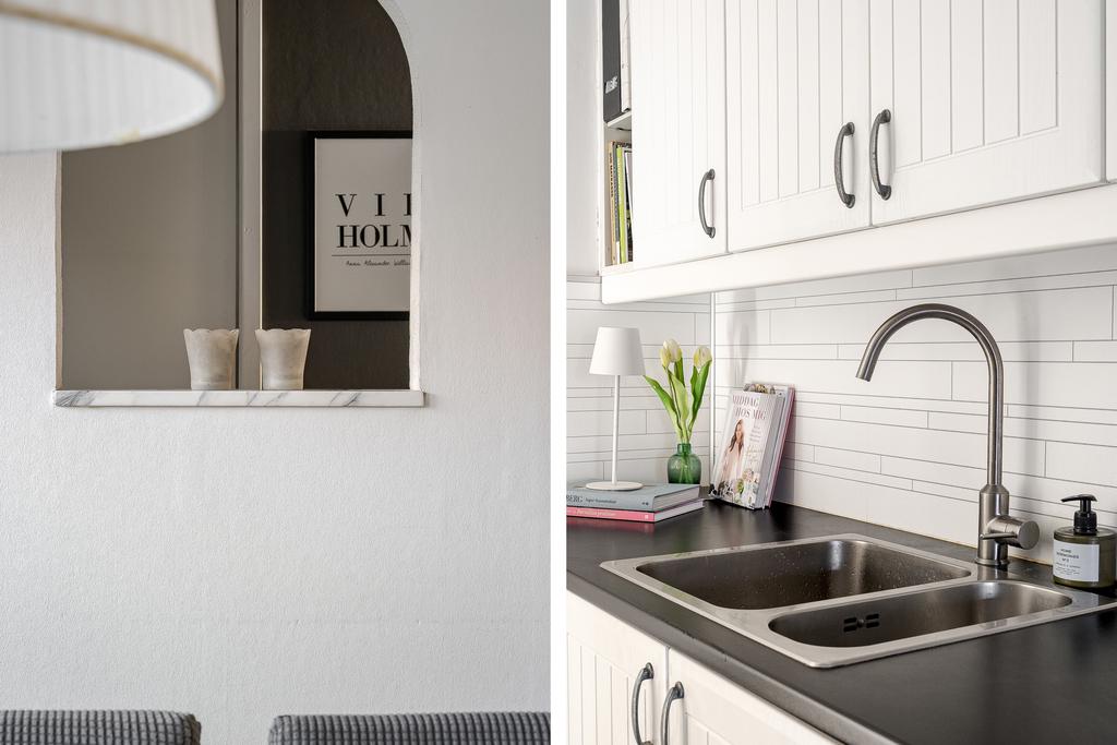 Fönsternisch vid matplatsen - kök i svart och vitt