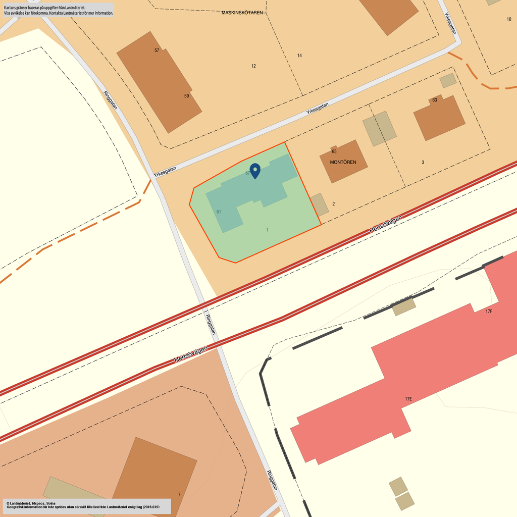 Tomtkarta. Korsningen Yrkesgatan/Ringgatan/Hertsövägen