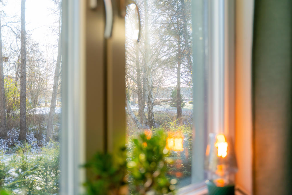 Utsikt till grönska från sovrumsfönstret