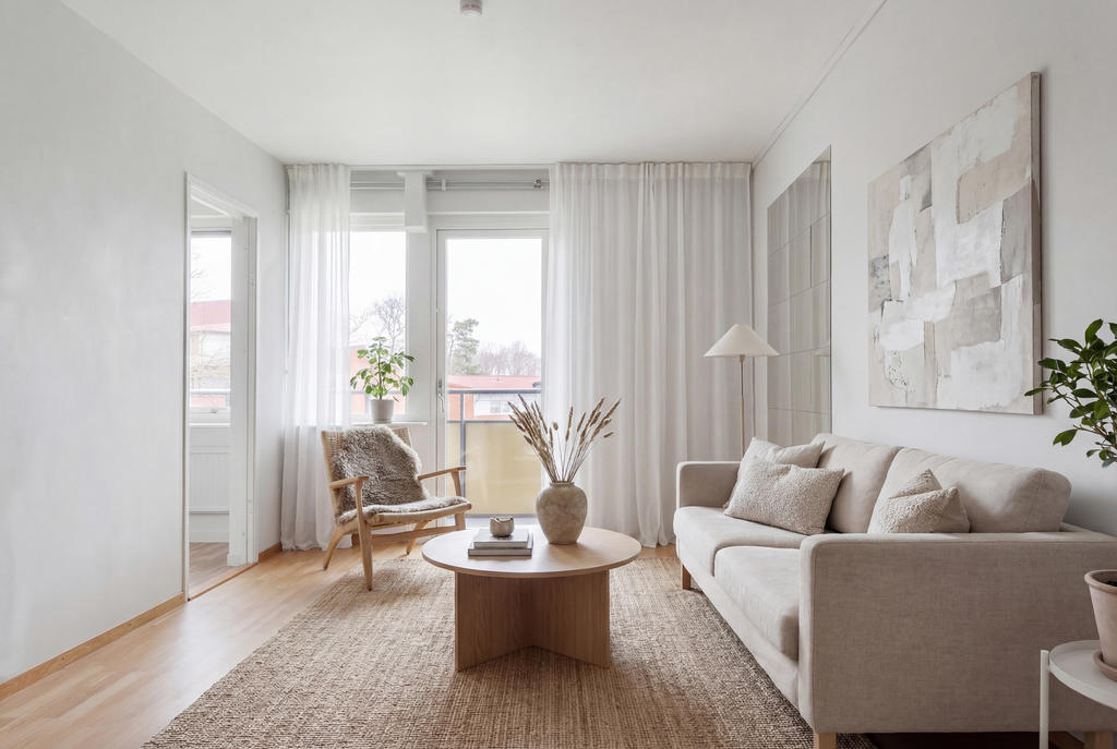 "Observera att bilden är digitalt stylad och visar en möjlig inredning – den speglar inte bostadens faktiska skick." 