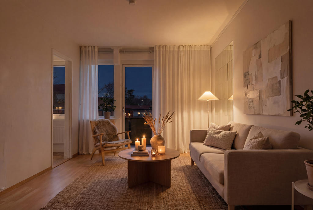 "Observera att bilden är digitalt stylad och visar en möjlig inredning – den speglar inte bostadens faktiska skick." 