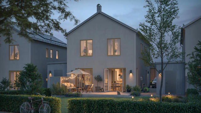 Bilden visar ett förslag på byggnad. Fastighetsmäklaren förmedling omfattar endast den obebyggda fastigheten.