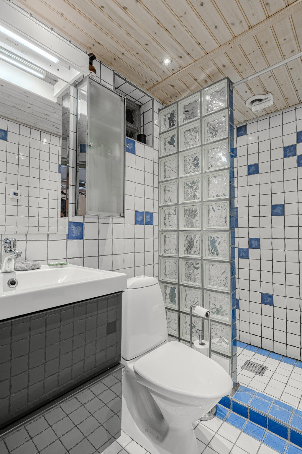 Badrum utrustat med duschplats, kommod, spegelskåp samt wc 