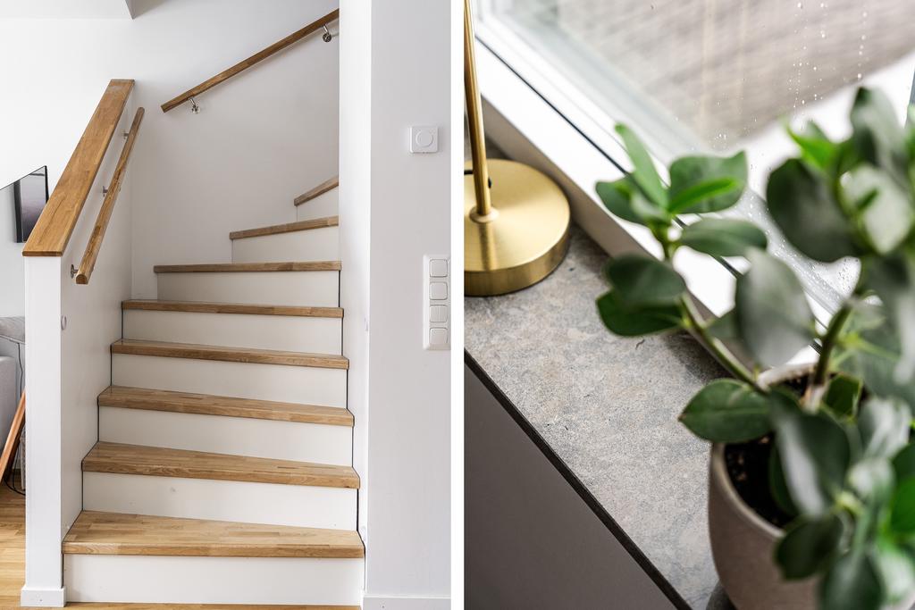 Trapp med steg i ek - fönsterbräden i sten