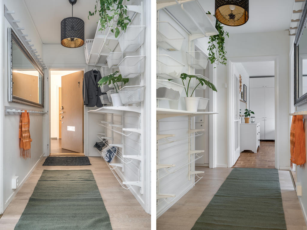 Rymlig hall med platsbyggd förvaring