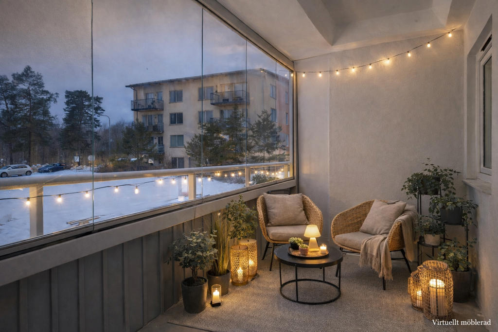 AI-möblerad bild för att illustrera balkongens potential. Viss avvikelse kan förekomma, mått kan avvika från verkligheten.