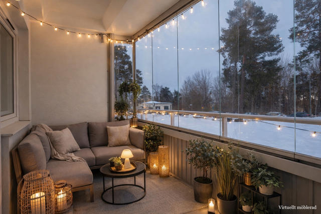 AI-möblerad bild för att illustrera balkongens potential. Viss avvikelse kan förekomma, mått kan avvika från verkligheten.