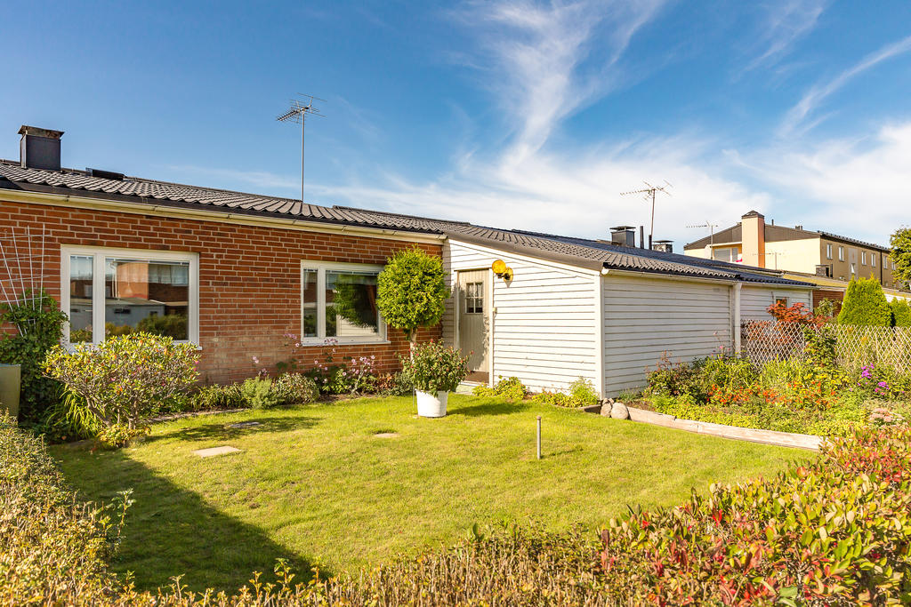 Baksidan med gräsmatta, planteringar och blomsterprakt. Bild sommartid