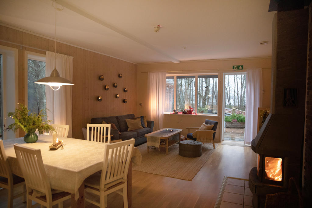 Vardagsrum med täljstenskamin