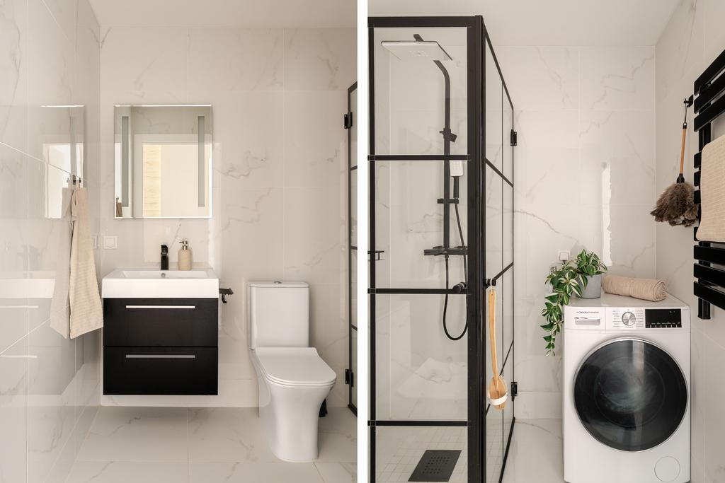 Helkaklat duschrum med kombimaskin och takdusch