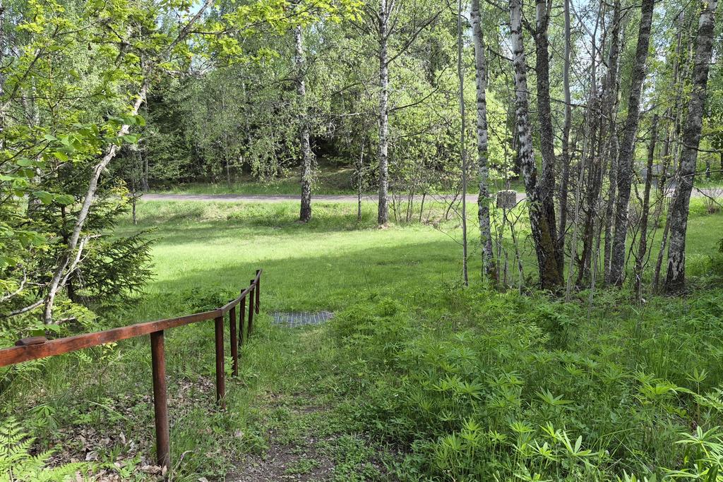 Gång ner mot den delen av trädgården med stora gräsytor
