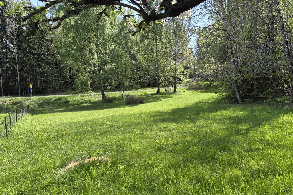 Utmed den lilla grusvägen breder tomtens gräsytor ut sig