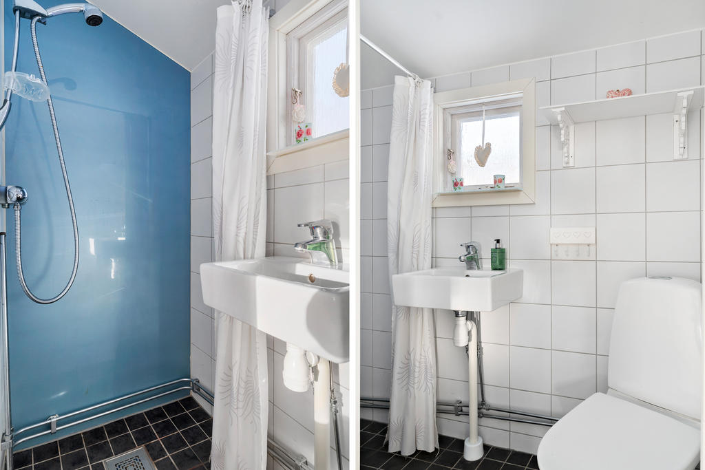 Badrum med dusch, toalett och handfat