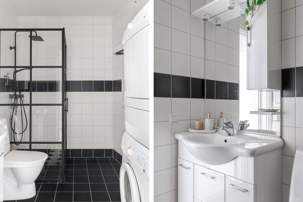 Helkaklat duschrum med tvättpelare