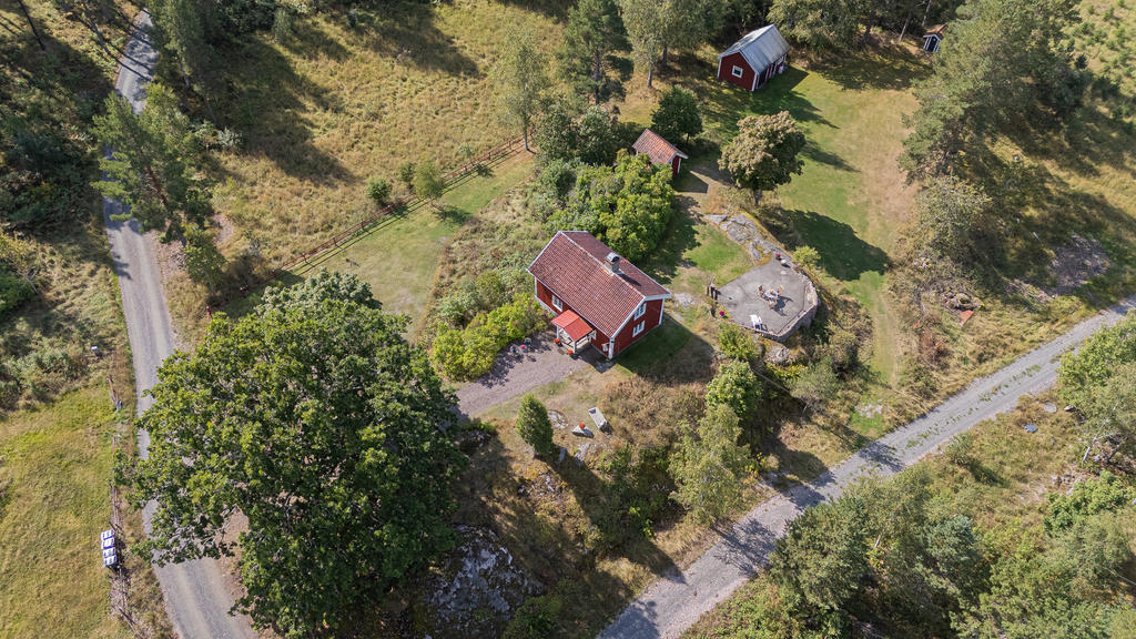 Väl tilltagen trädgårdstomt med lekvänliga öppna gräsytor och grönskade växter 