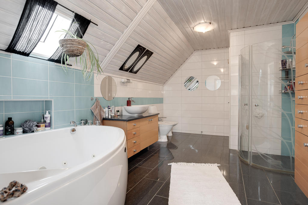 Badrum med dusch och bubbelbadkar