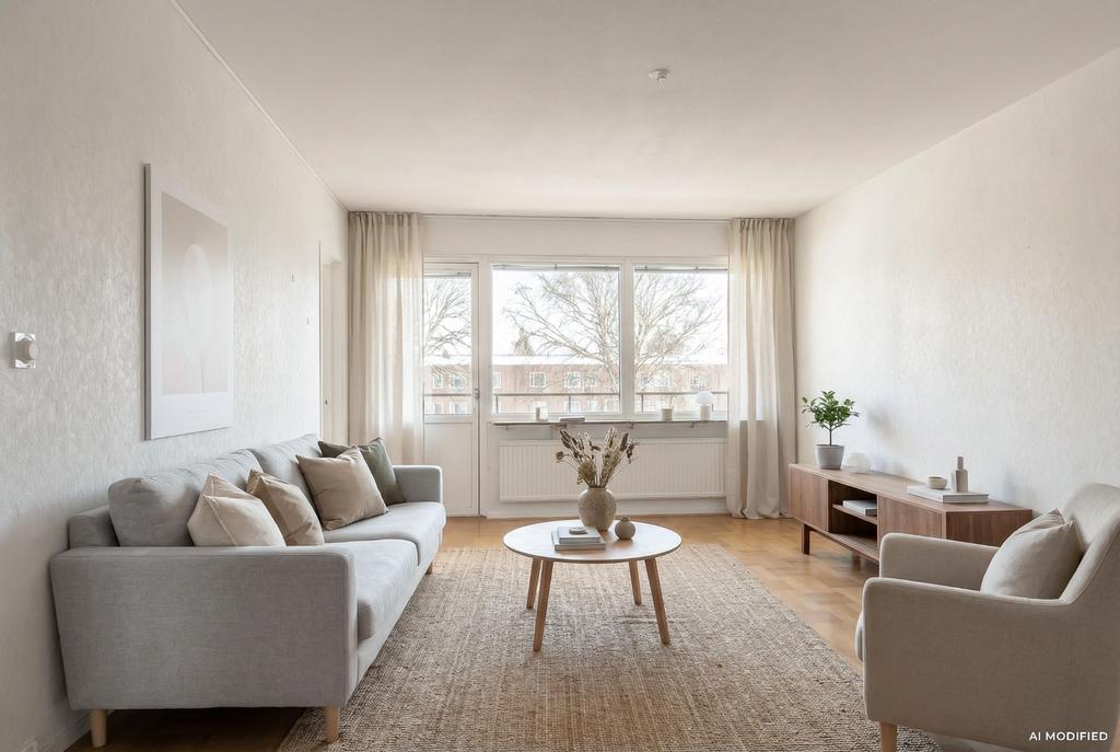 Digitalt möblerad bild av vardagsrummet