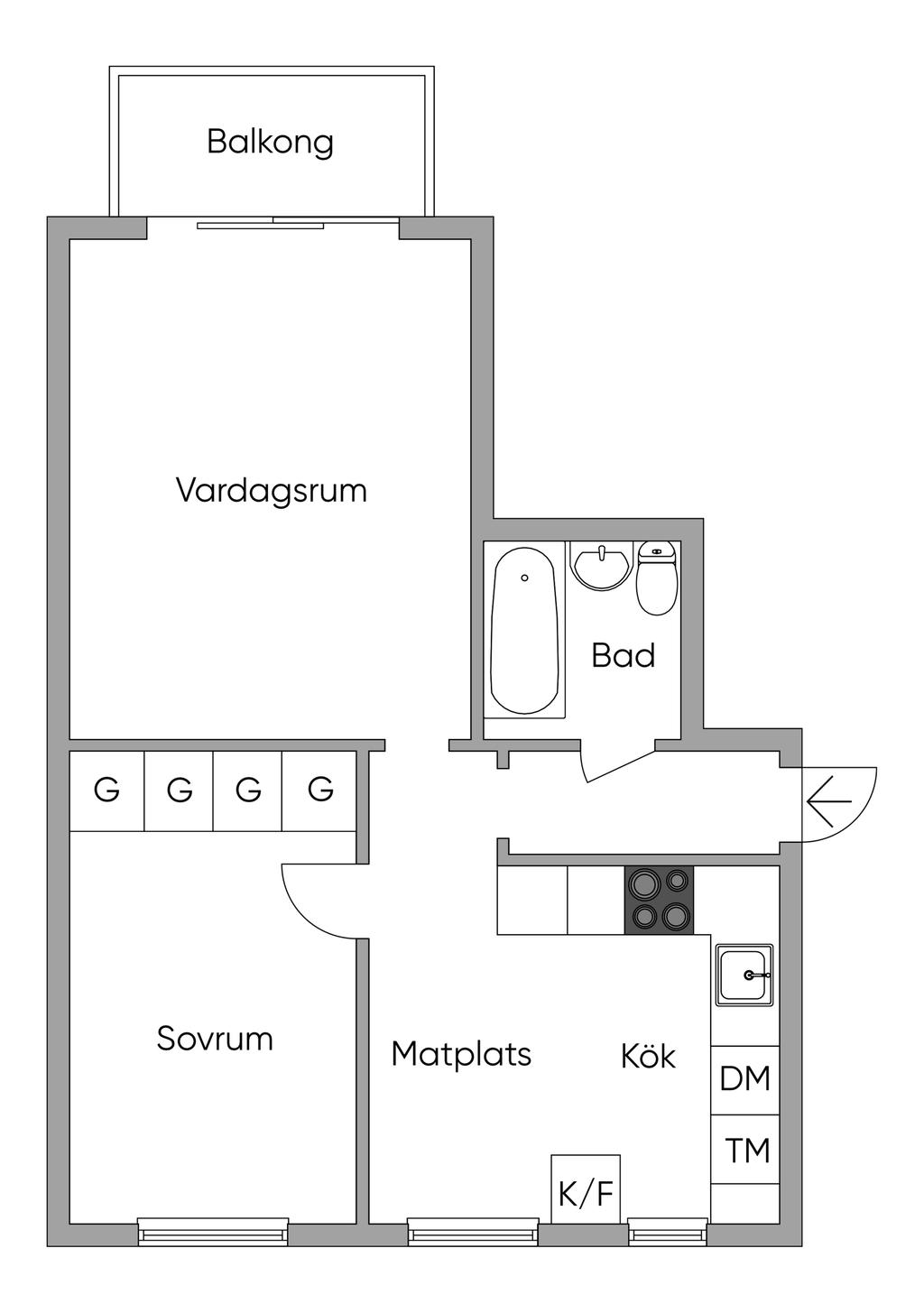 Planritningen visar rummens orientering och är inte helt skalenlig. 