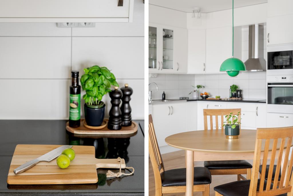 Bänkskiva i sten och gott om plats för matbord