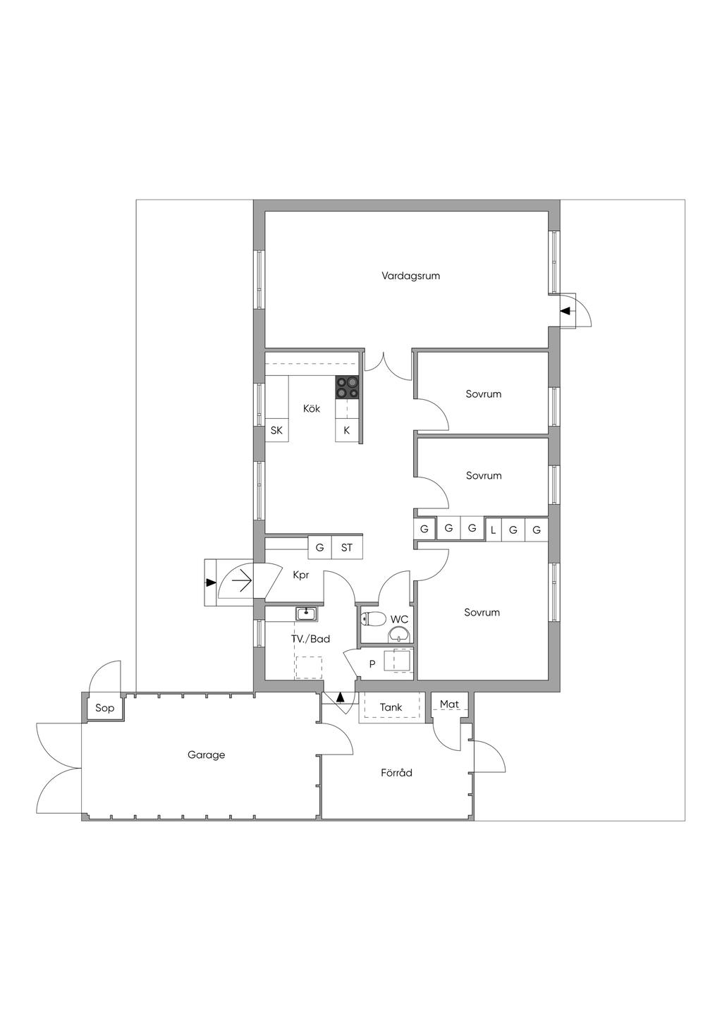 Planskiss. Ursprunglig planlösning