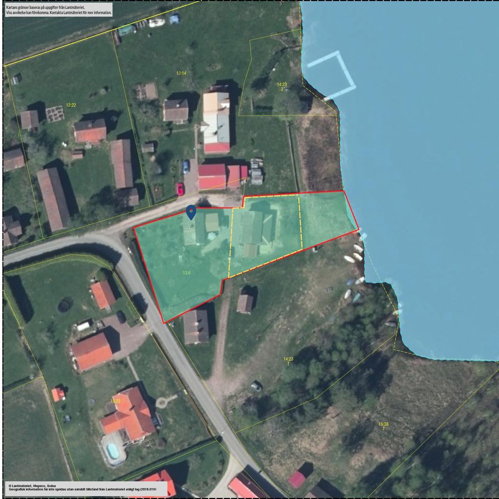 Den gula rutan blir nuvarande ägares fritidsbostad. De två delarna på varsin sida kommer höra till denna fastighet 
Moje 13:6