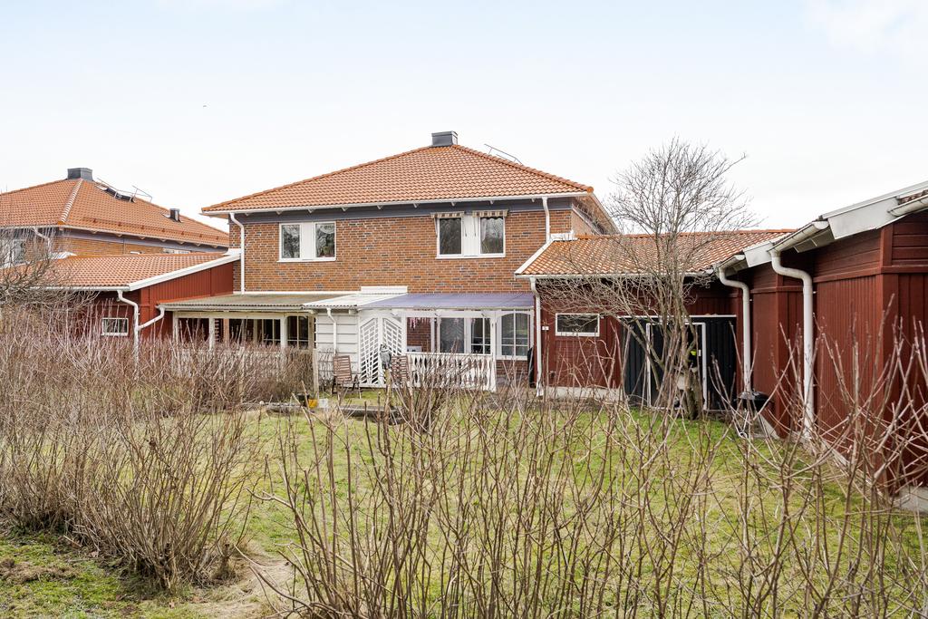 Trädgården ramas in av uppväxt häck