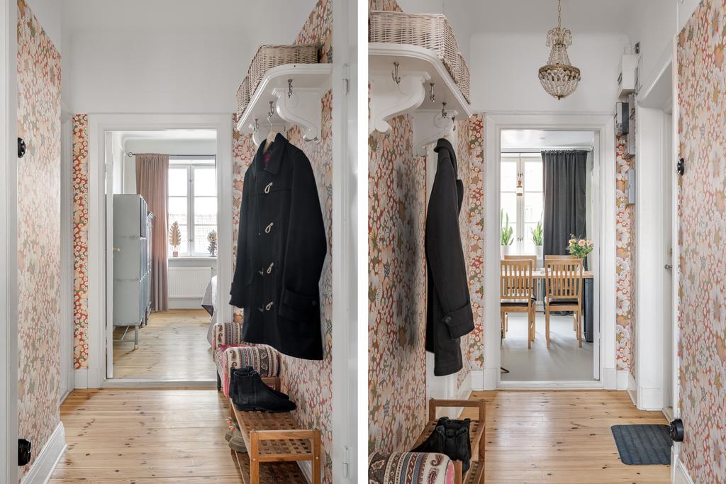 Välkommen till Östgötagatan 41A! 
Hall som välkomnar med vacker tapet från Svenskt Tenn