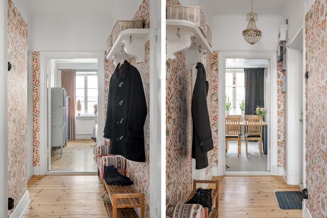 Välkommen till Östgötagatan 41A! 
Hall som välkomnar med vacker tapet från Svenskt Tenn