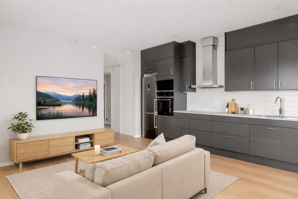 Observera att bilden är digitalt stylad och visar en möjlig inredning – den speglar inte bostadens faktiska skick.