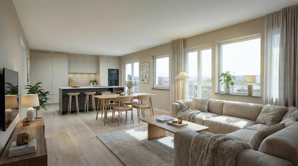 Bilden är ett fotomontage i syfte att inspirera och visa exempel på hur bostaden skulle kunna se ut.