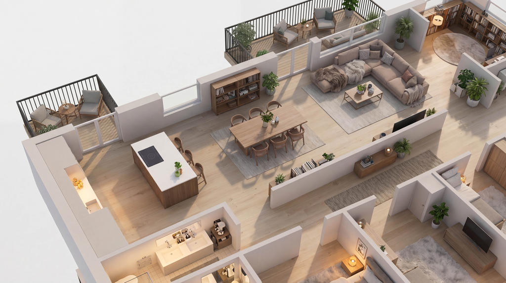 Planritning redigerad med AI-verktyg (avvikelser kan förekomma). Bilden är ett fotomontage i syfte att inspirera och visa exempel på hur bostaden skulle kunna se ut.