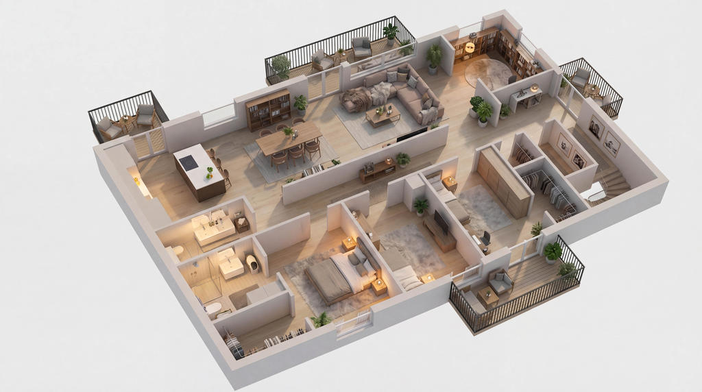 Planritning redigerad med AI-verktyg (avvikelser kan förekomma). Bilden är ett fotomontage i syfte att inspirera och visa exempel på hur bostaden skulle kunna se ut.