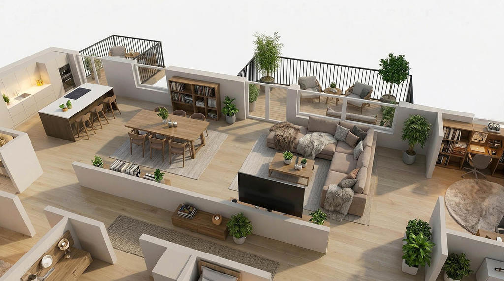 Planritning redigerad med AI-verktyg (avvikelser kan förekomma). Bilden är ett fotomontage i syfte att inspirera och visa exempel på hur bostaden skulle kunna se ut.