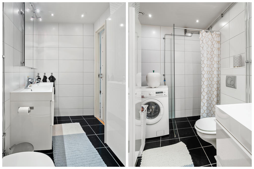 Kakel, klinkers, spottar, tvättmaskin och golvvärme