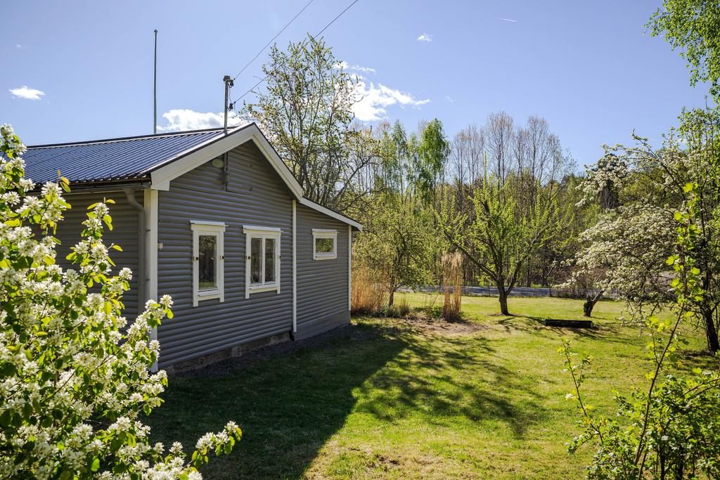 Grönskande trädgård med odlingsplatser och fruktträd