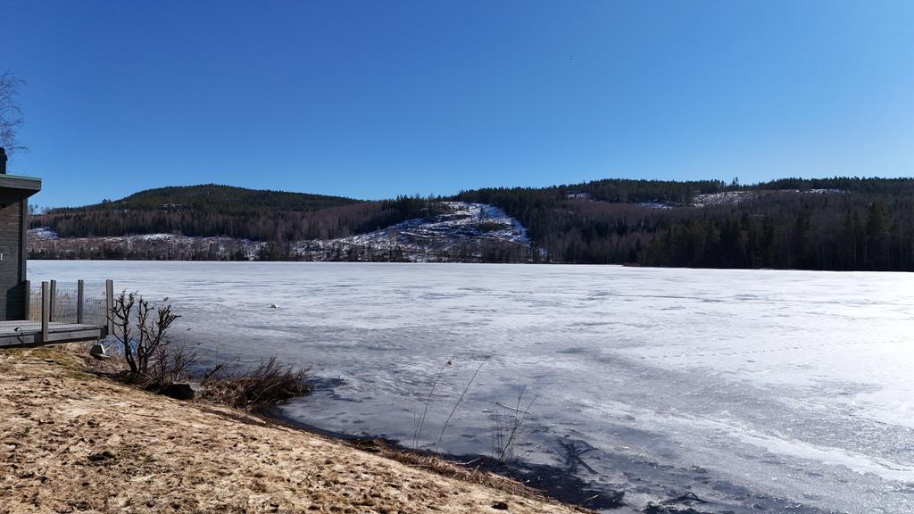Utsikt från gräsmattan vid sjökanten. Till vänster ligger sjöstugan. 