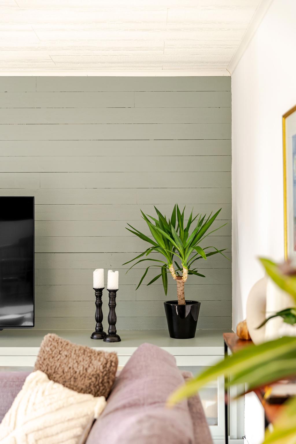 Fin grön nyans på ena väggen i vardagsrummet