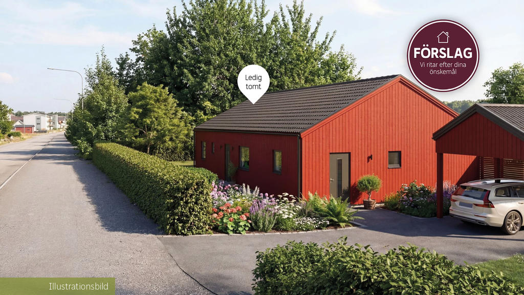 Illustrationsbild som visar ett möjligt hus på tomten. 