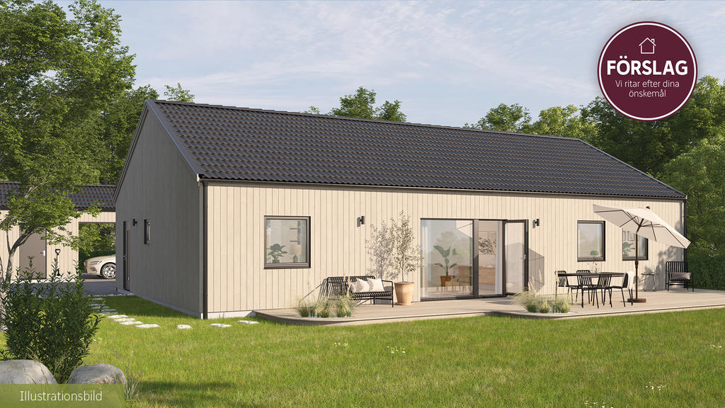 Illustrationsbild som visar ett möjligt hus på tomten. 