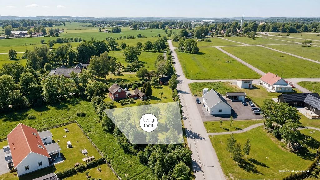 Här har ni 1 057 m2 att använda.

Observera att bilden är digitalt justerad för att illustrera en möjlig sommargrön karaktär på tomten och omgivningen. Förändringarna avser främst vegetation på längre avstånd och speglar inte nödvändigtvis fastighetens faktiska skick.