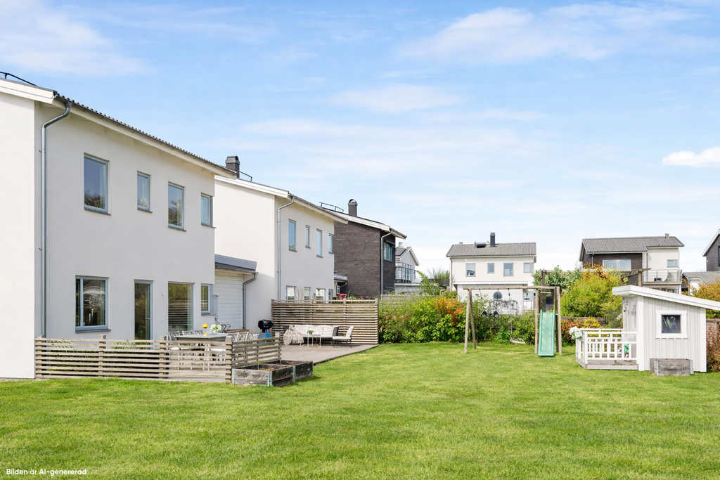 Hörntomt med generös gräsyta för lek och avkoppling.